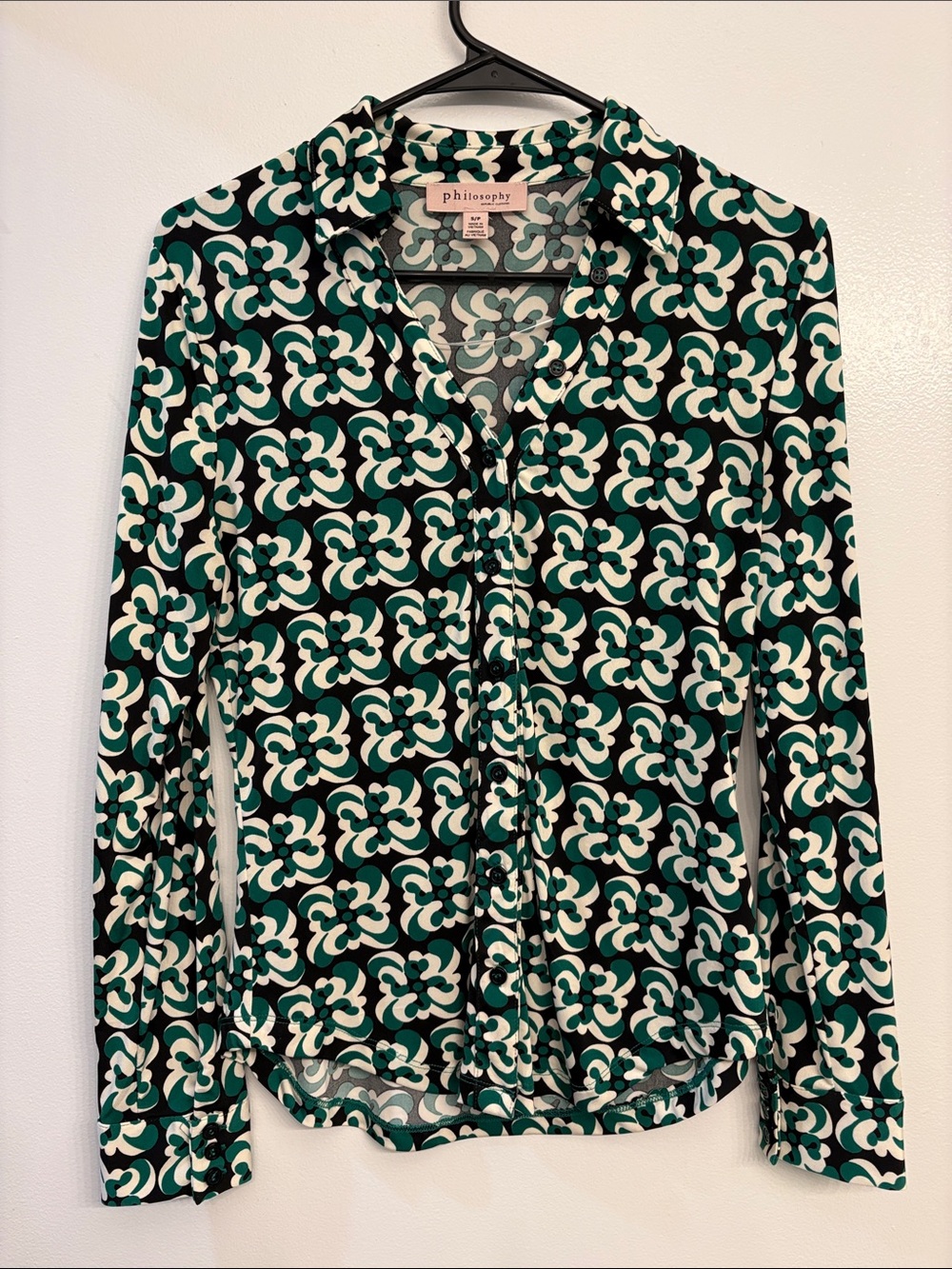 Philosophy Green White Geometric Button-Down Shirt Office Work Professional